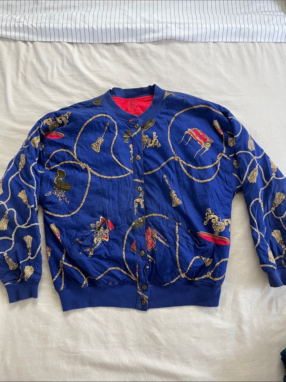 Vintage Carole Little Blue Jacket with Red Lining and Multicolor Rope Detail